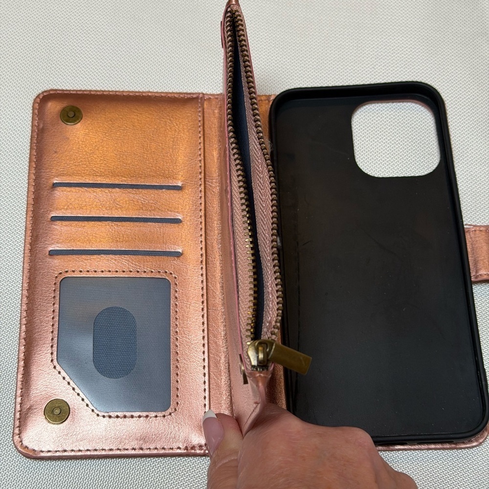 Pink Chrome IPhone 15 Leather Wallet 6 card slots